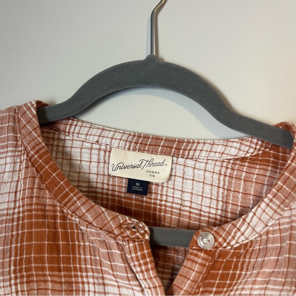 Universal threads Plaid Orange / White Top peasant puff sleeve blouse western - Picture 3 of 5